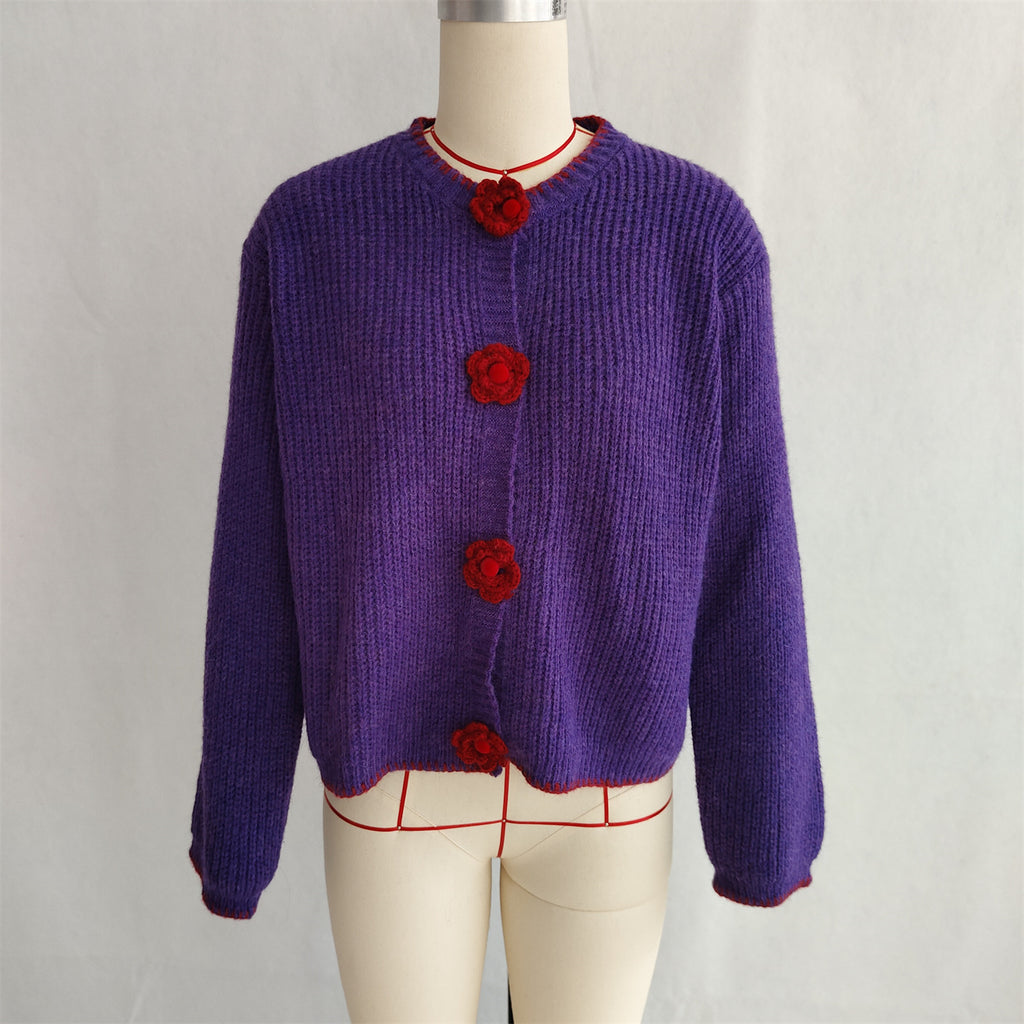 Crochet Flower Button Ribbed Knit Cardigan - Purple - 2