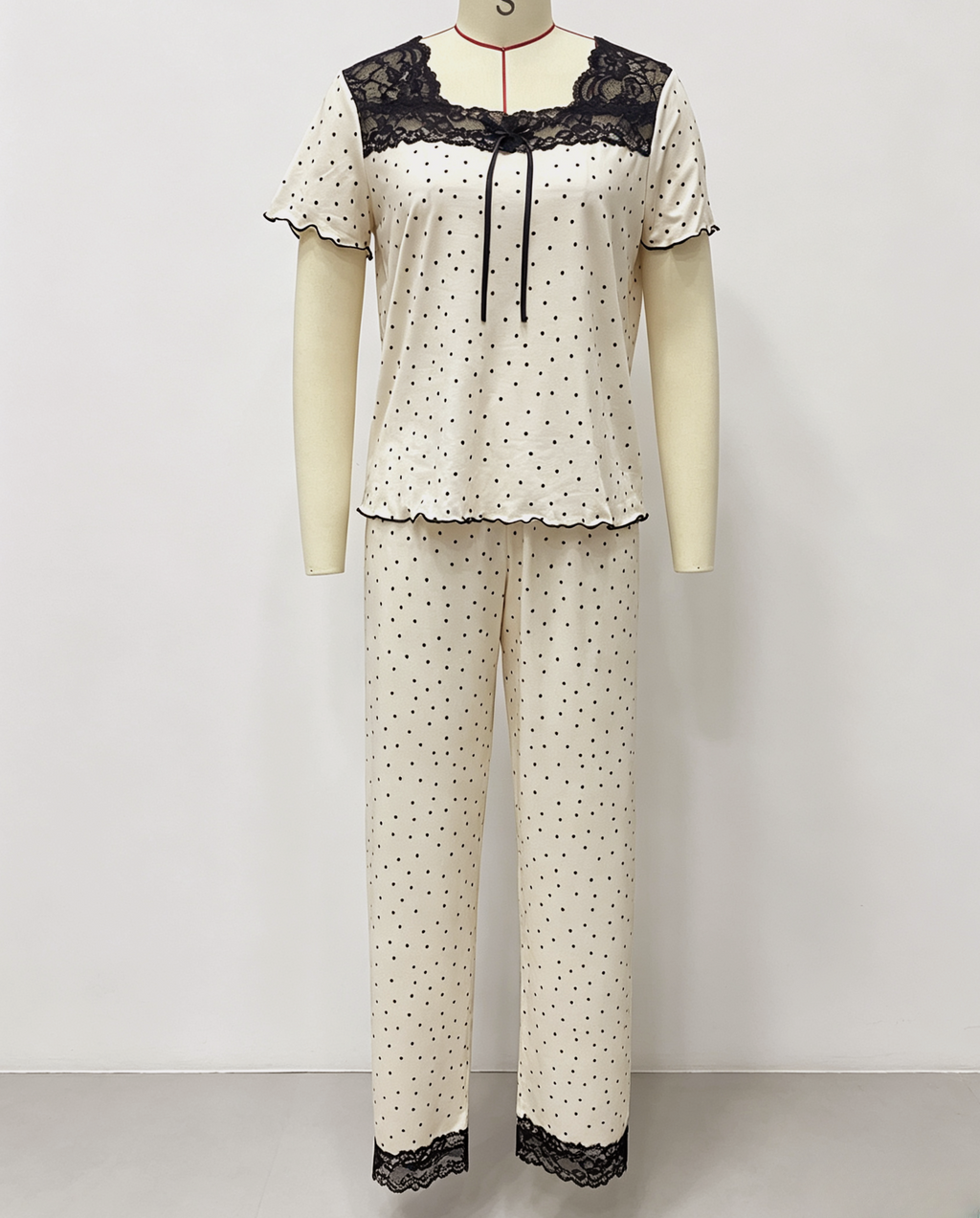 Dotted Pajama Set With Lace Yoke Trim - Apricot