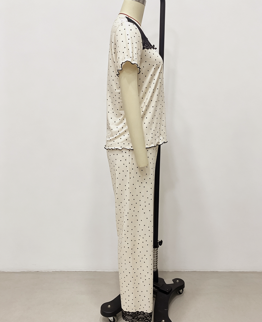 Dotted Pajama Set With Lace Yoke Trim - Apricot - 1