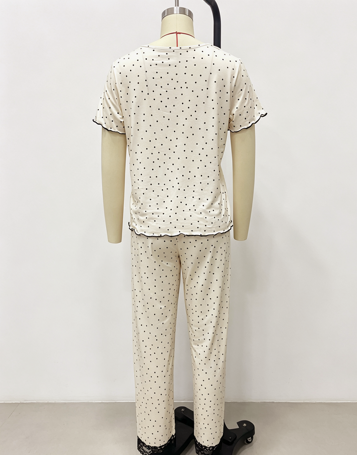 Dotted Pajama Set With Lace Yoke Trim - Apricot - 3