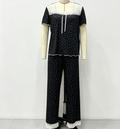 Dotted Pajama Set With Lace Yoke Trim - Black