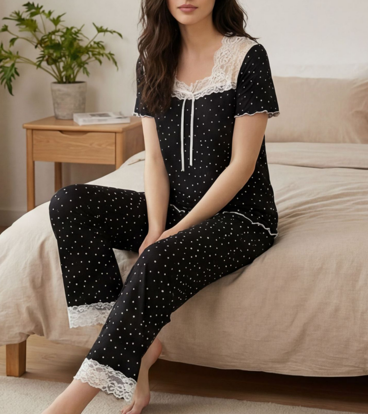 Dotted Pajama Set With Lace Yoke Trim - Black - 1