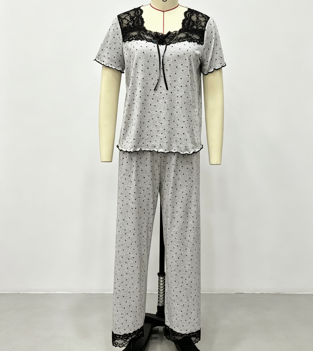 Dotted Pajama Set With Lace Yoke Trim - Gray