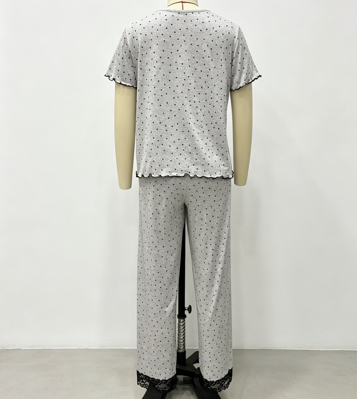Dotted Pajama Set With Lace Yoke Trim - Gray - 1