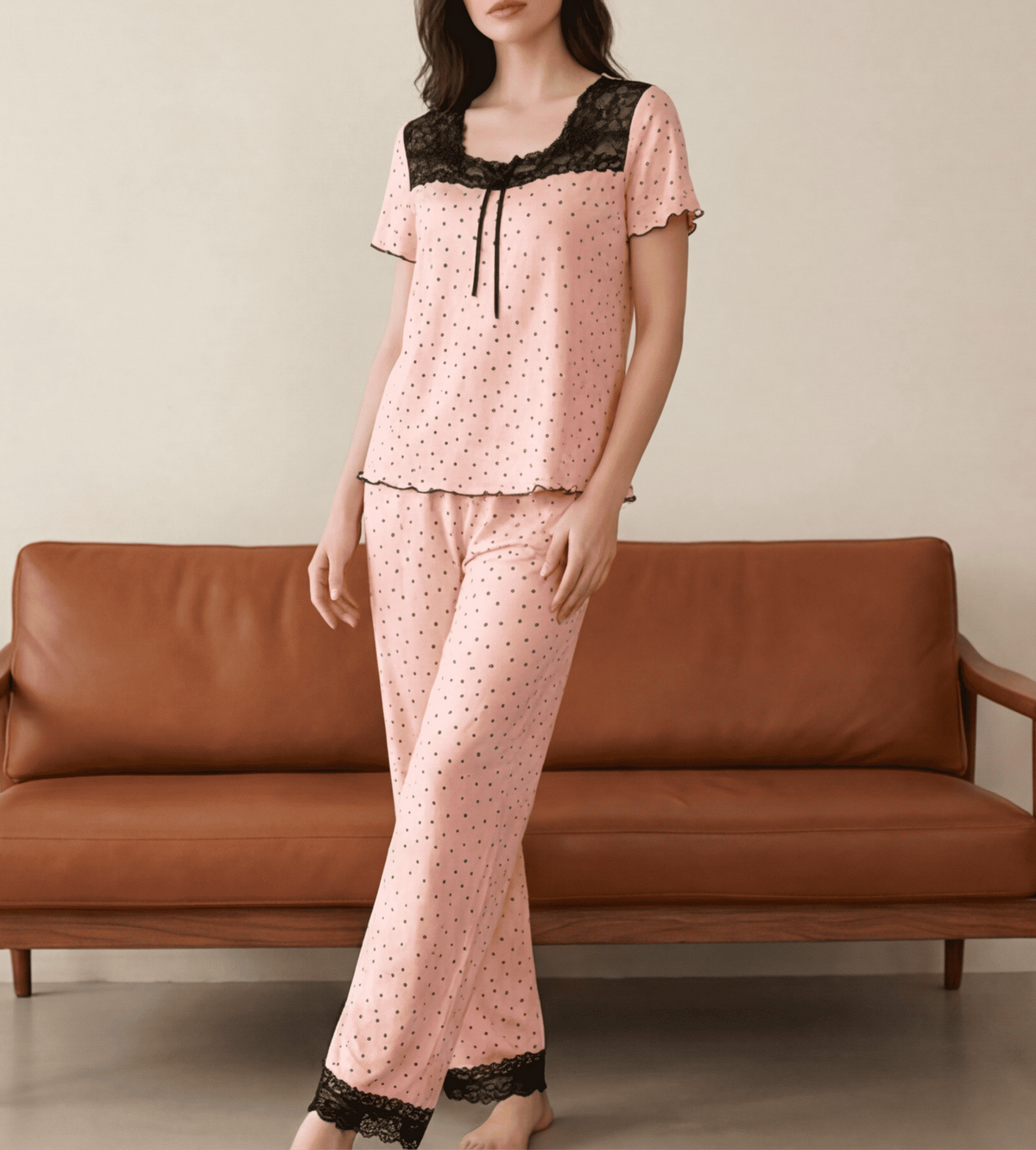 Dotted Pajama Set With Lace Yoke Trim - Pink