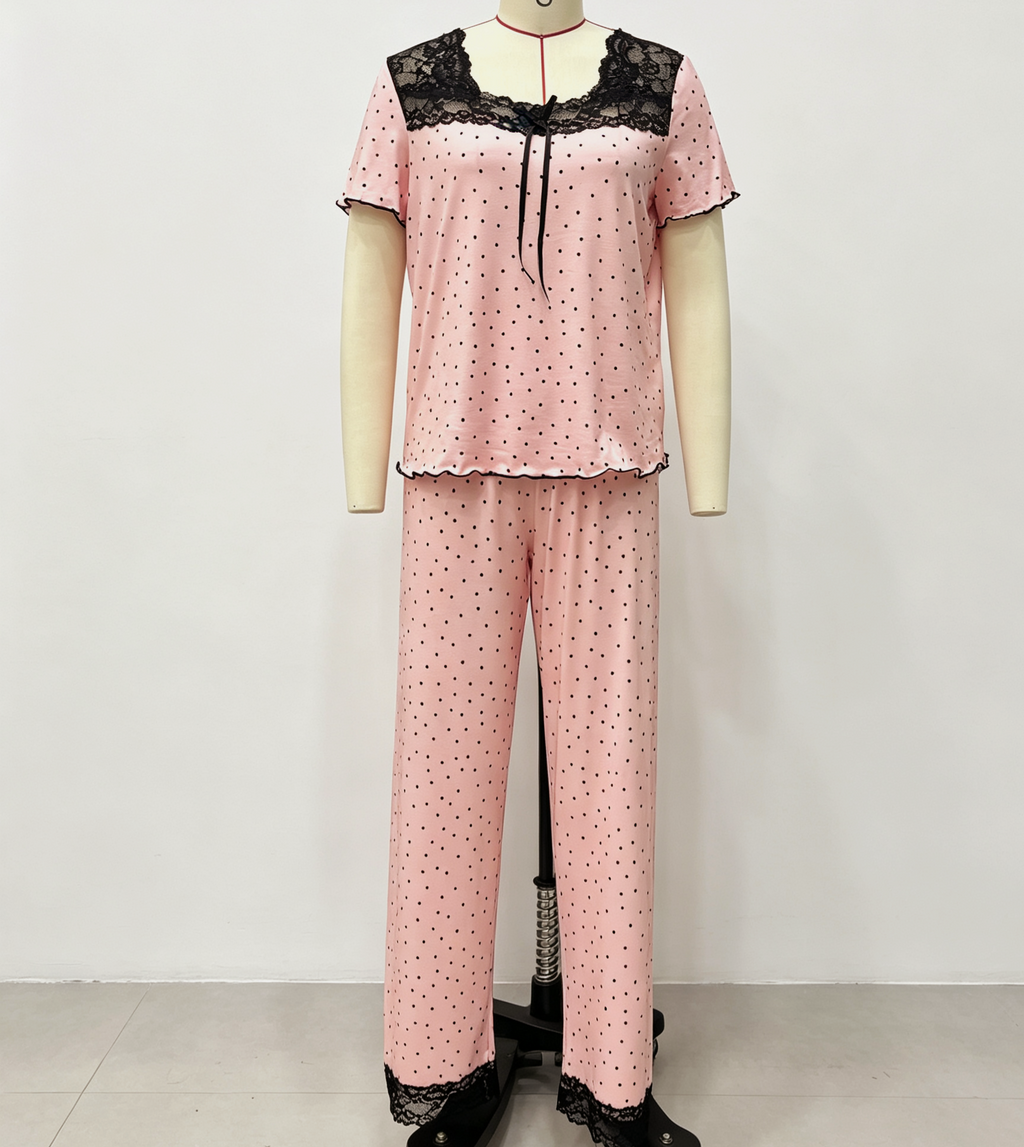 Dotted Pajama Set With Lace Yoke Trim - Pink - 1