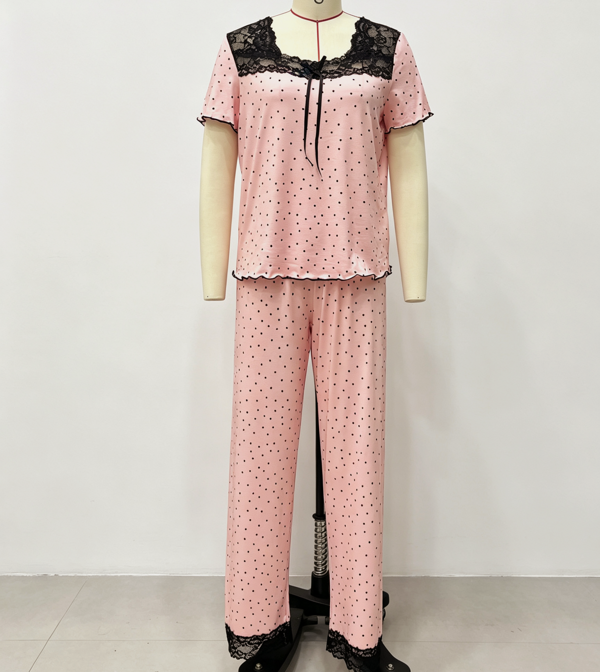 Dotted Pajama Set With Lace Yoke Trim - Pink - 1