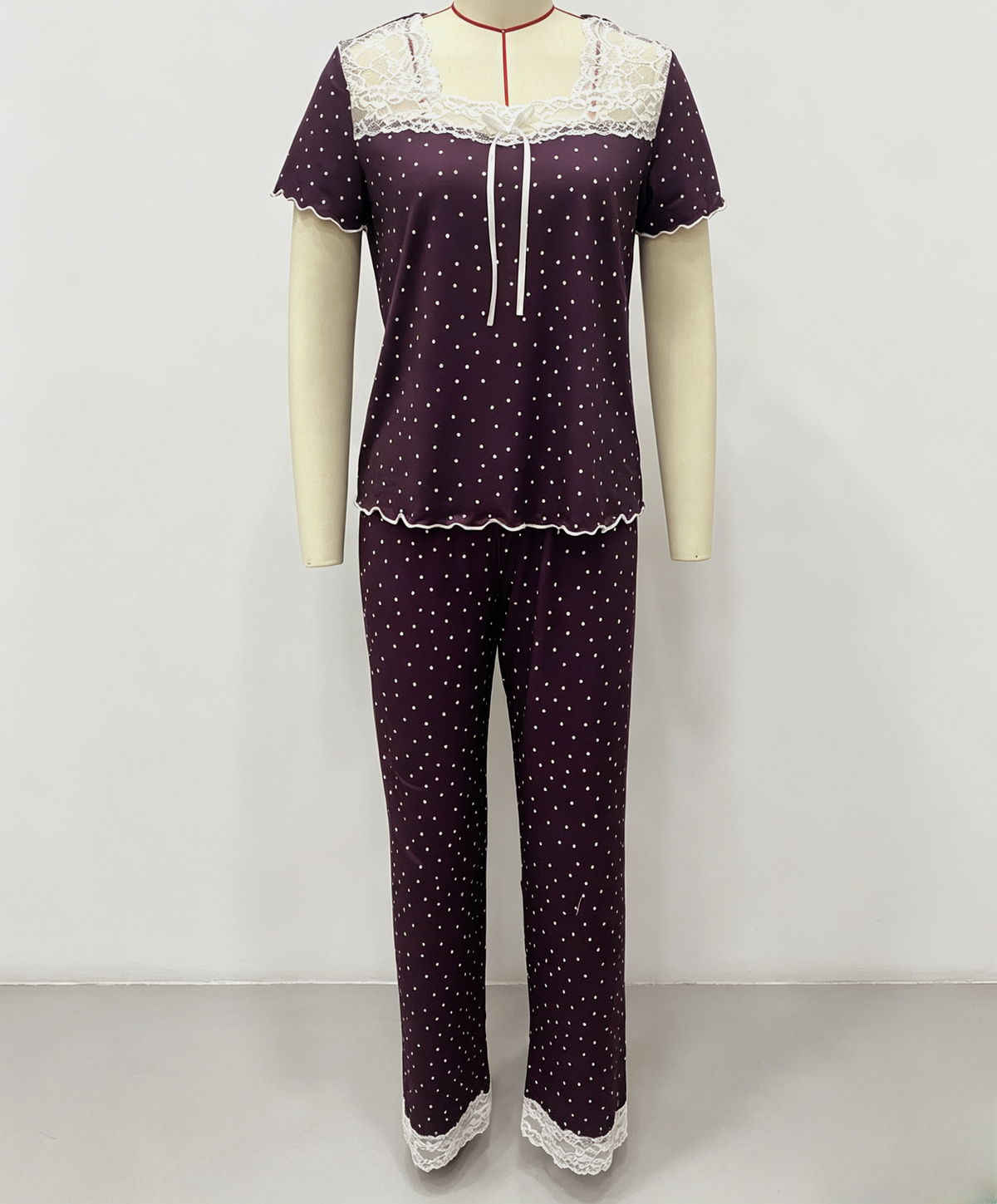 Dotted Pajama Set With Lace Yoke Trim - Purple