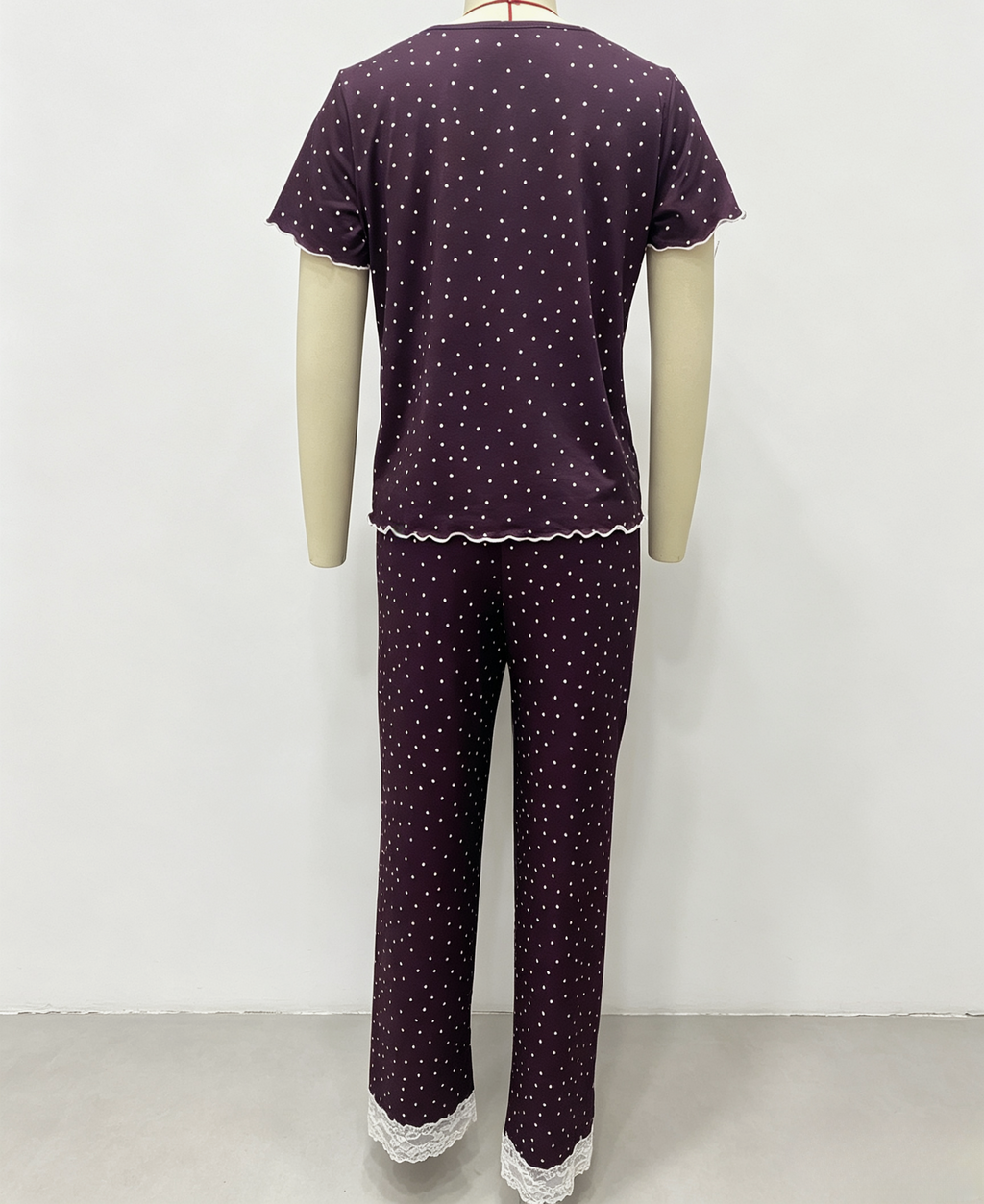 Dotted Pajama Set With Lace Yoke Trim - Purple - 1