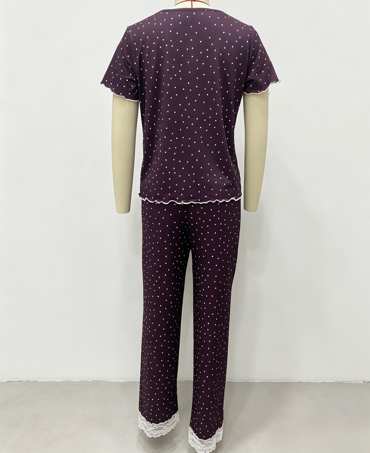 Dotted Pajama Set With Lace Yoke Trim - Purple - 1