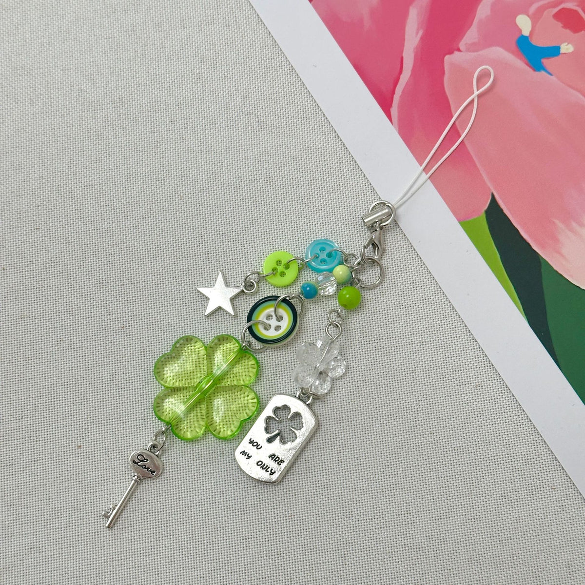 Clover and Key Charm Beaded Keychain - Green-1