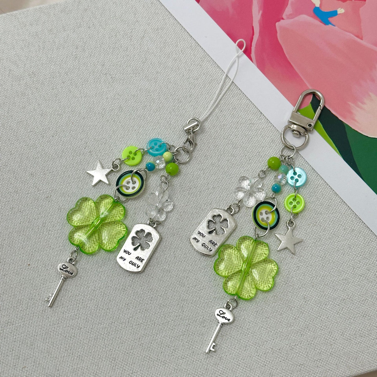 Clover and Key Charm Beaded Keychain - Green-1 - 1