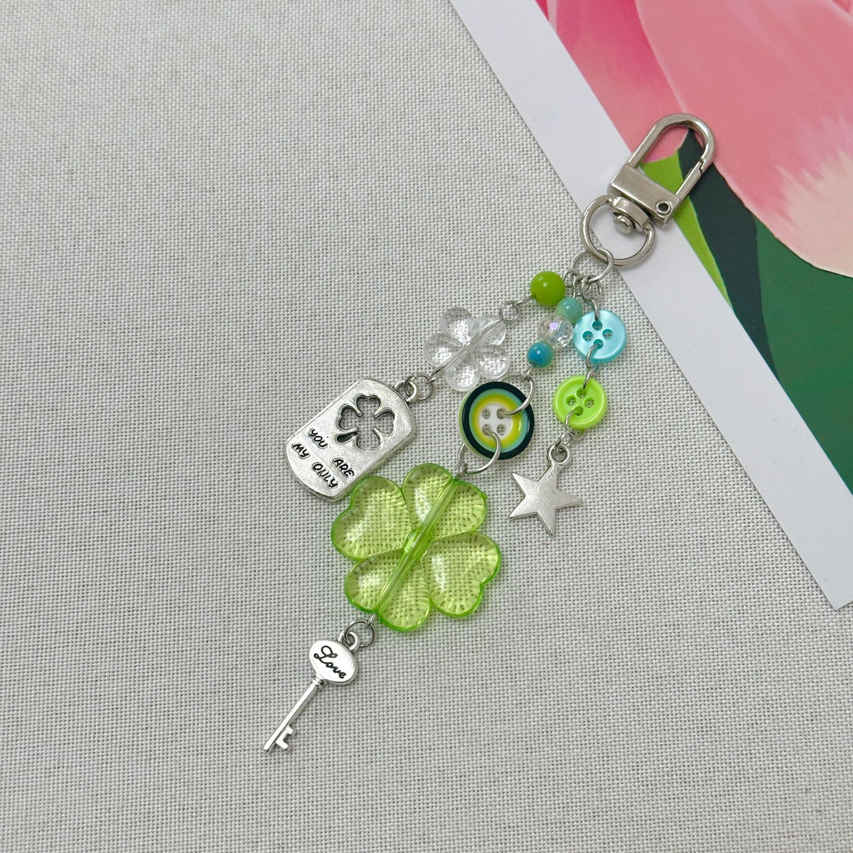 Clover and Key Charm Beaded Keychain - Green-2