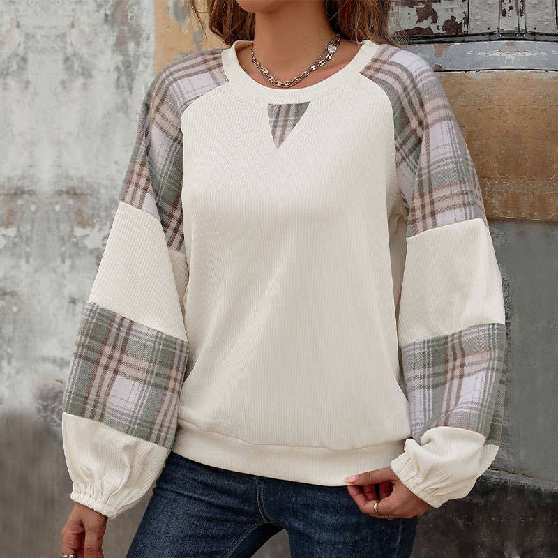 Plaid Raglan Sleeve Waffle Knit Blouse