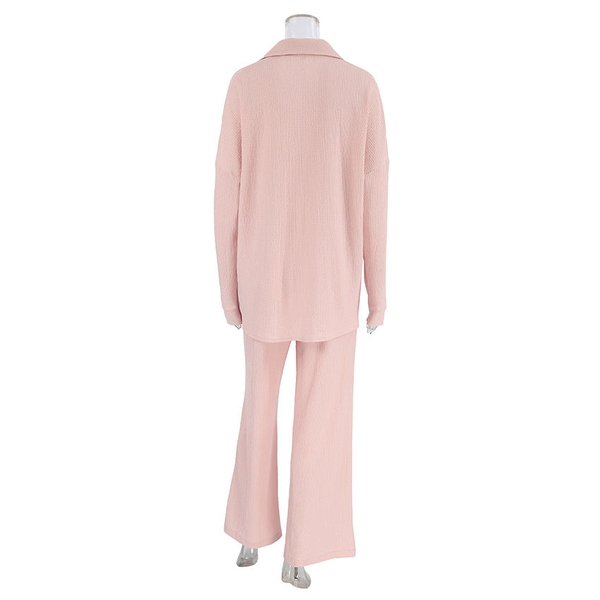 Textured Button Down Shirt And Trouser Sleep Set - Pink - 1