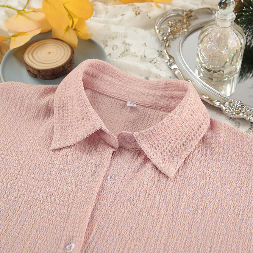 Textured Button Down Shirt And Trouser Sleep Set - Pink - 2