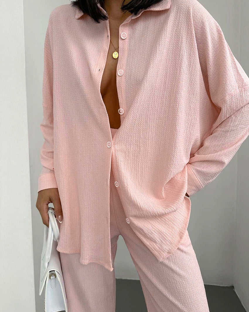 Textured Button Down Shirt And Trouser Sleep Set - Pink - 4
