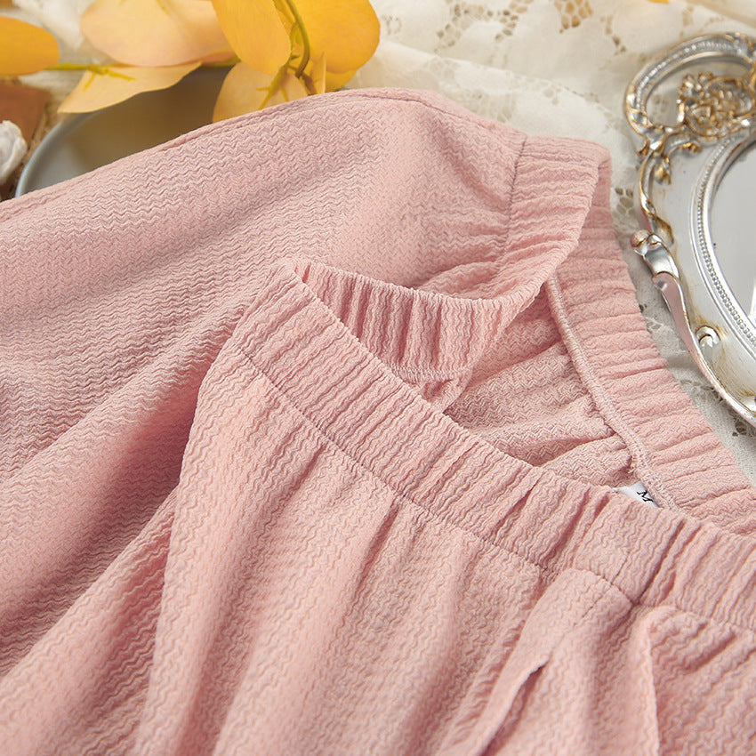 Textured Button Down Shirt And Trouser Sleep Set - Pink - 5