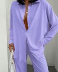 Textured Button Down Shirt And Trouser Sleep Set - Purple