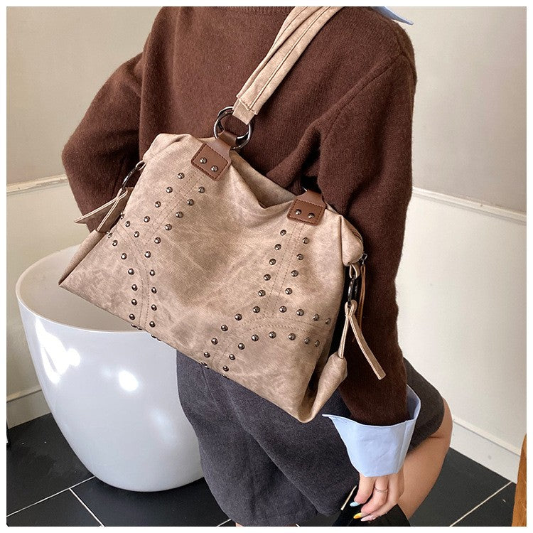Distressed Studded Faux Leather Shoulder Bag