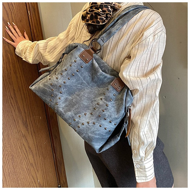 Distressed Studded Faux Leather Shoulder Bag