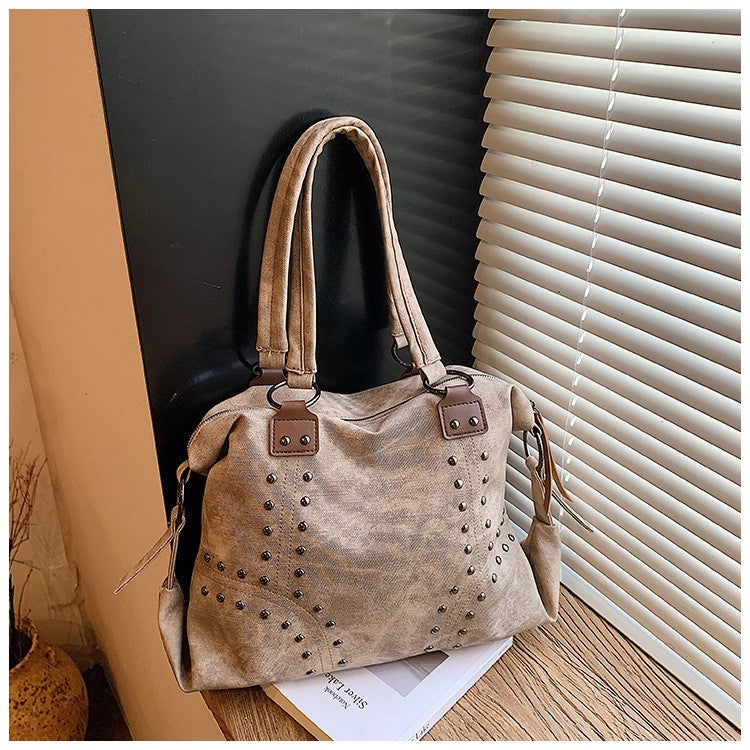 Distressed Studded Faux Leather Shoulder Bag