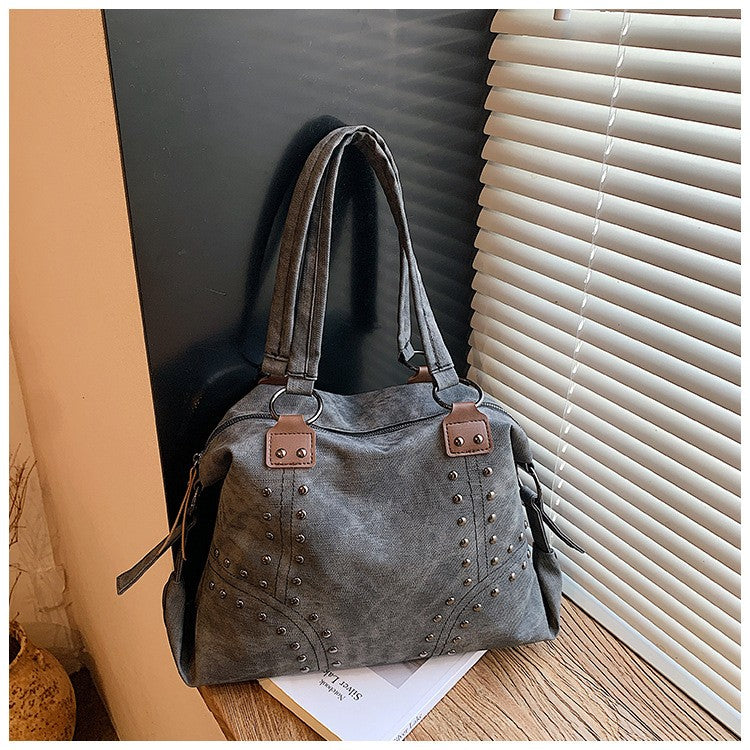 Distressed Studded Faux Leather Shoulder Bag
