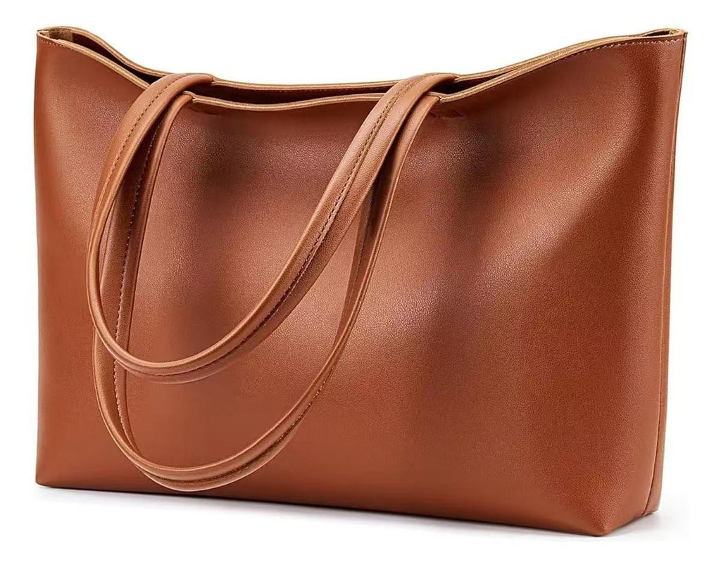 Classic Faux Leather Zip Tote Bag - Brown