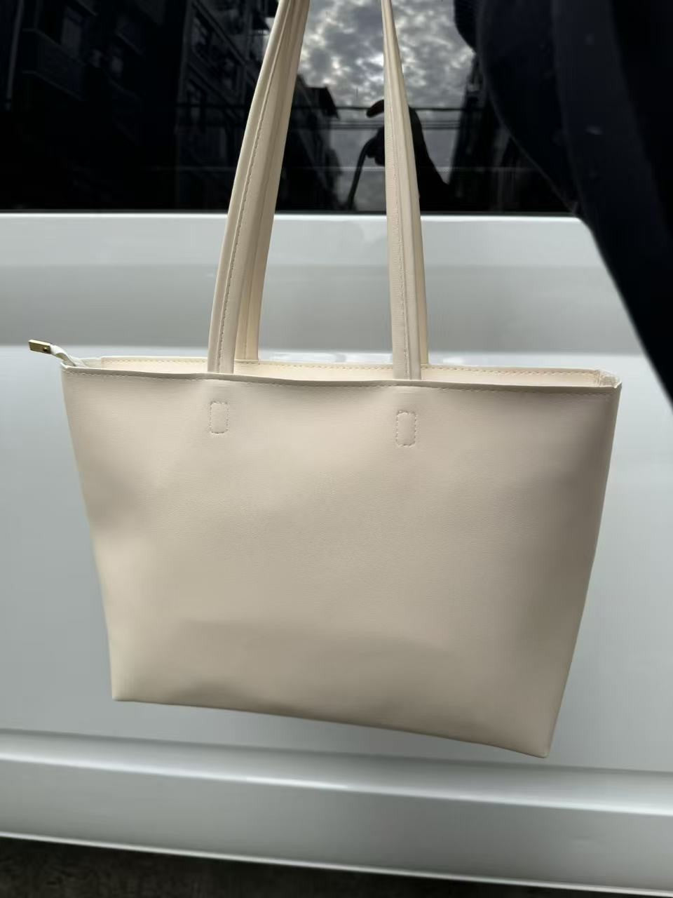 Classic Faux Leather Zip Tote Bag - Cream