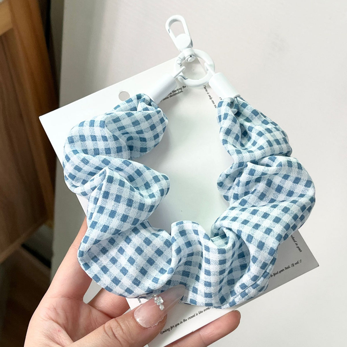 Gingham and Polka Dot Scrunchie Phone Lanyard - Blue - 1