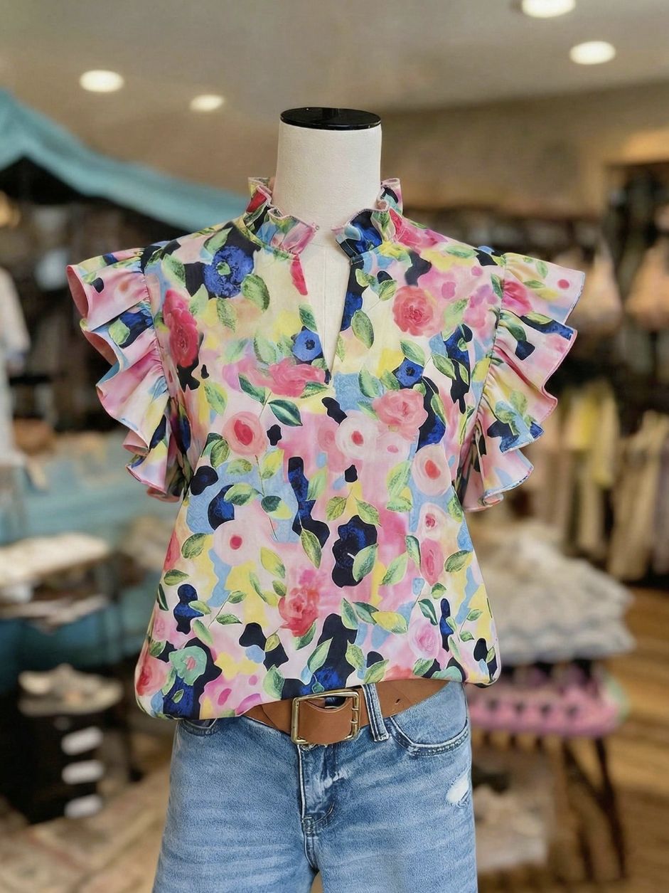 Watercolor Bloom Ruffled Mock Neck Blouse - Floral