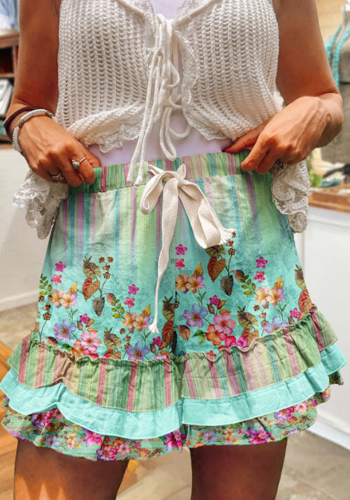 Layered Ruffle Hem Shorts With Bow Tie - Floral01