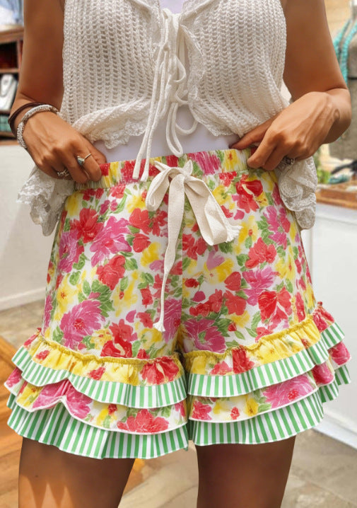 Layered Ruffle Hem Shorts With Bow Tie - Floral03