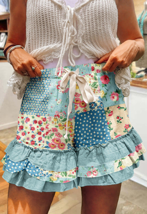 Layered Ruffle Hem Shorts With Bow Tie - Floral04
