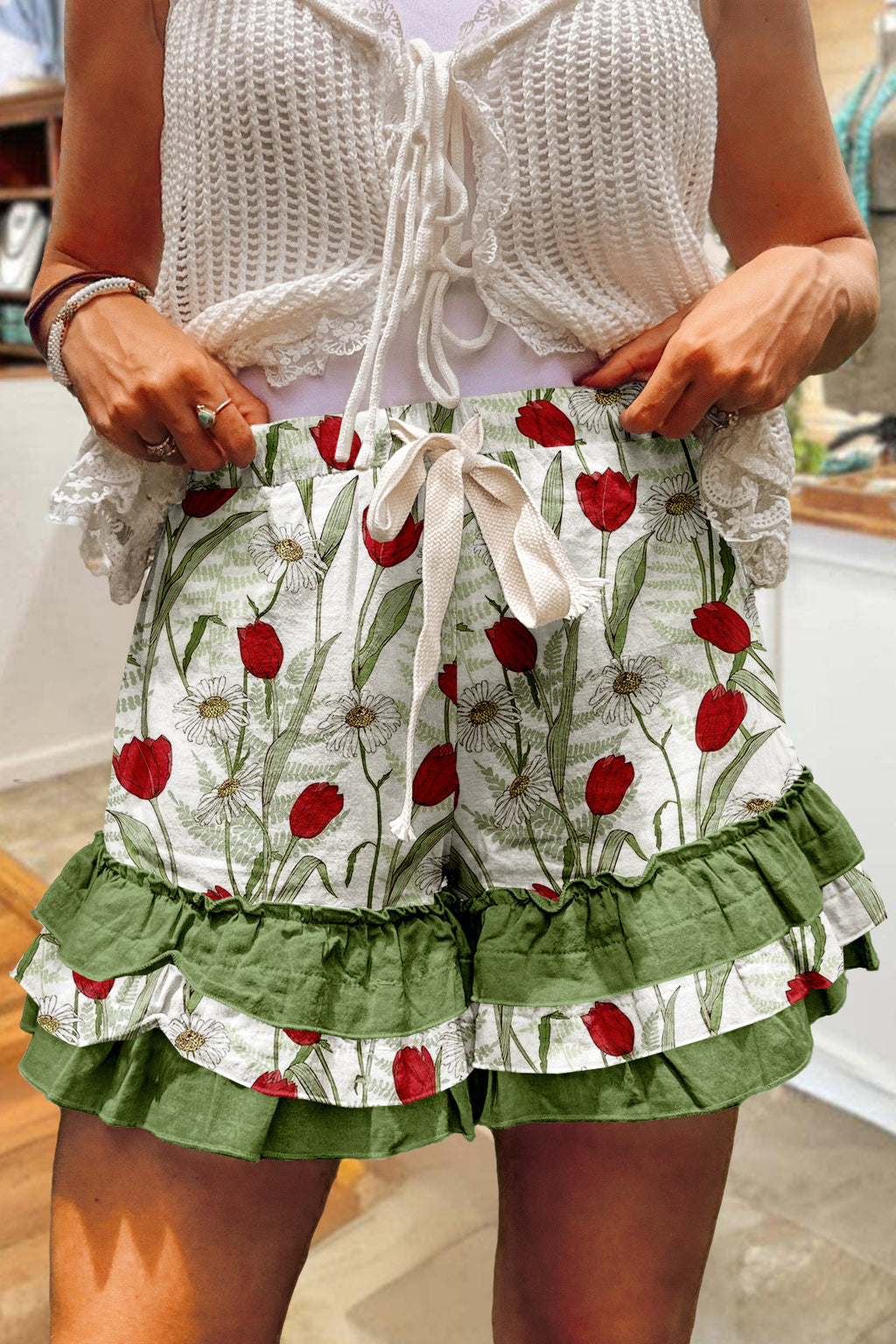 Layered Ruffle Hem Shorts With Bow Tie - Floral05