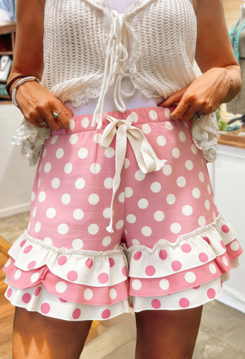 Layered Ruffle Hem Shorts With Bow Tie - Polka01