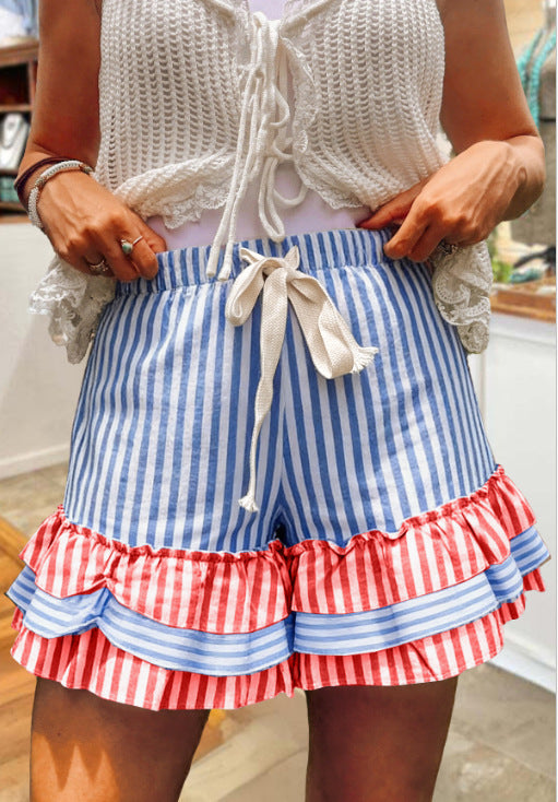 Layered Ruffle Hem Shorts With Bow Tie - Stripe