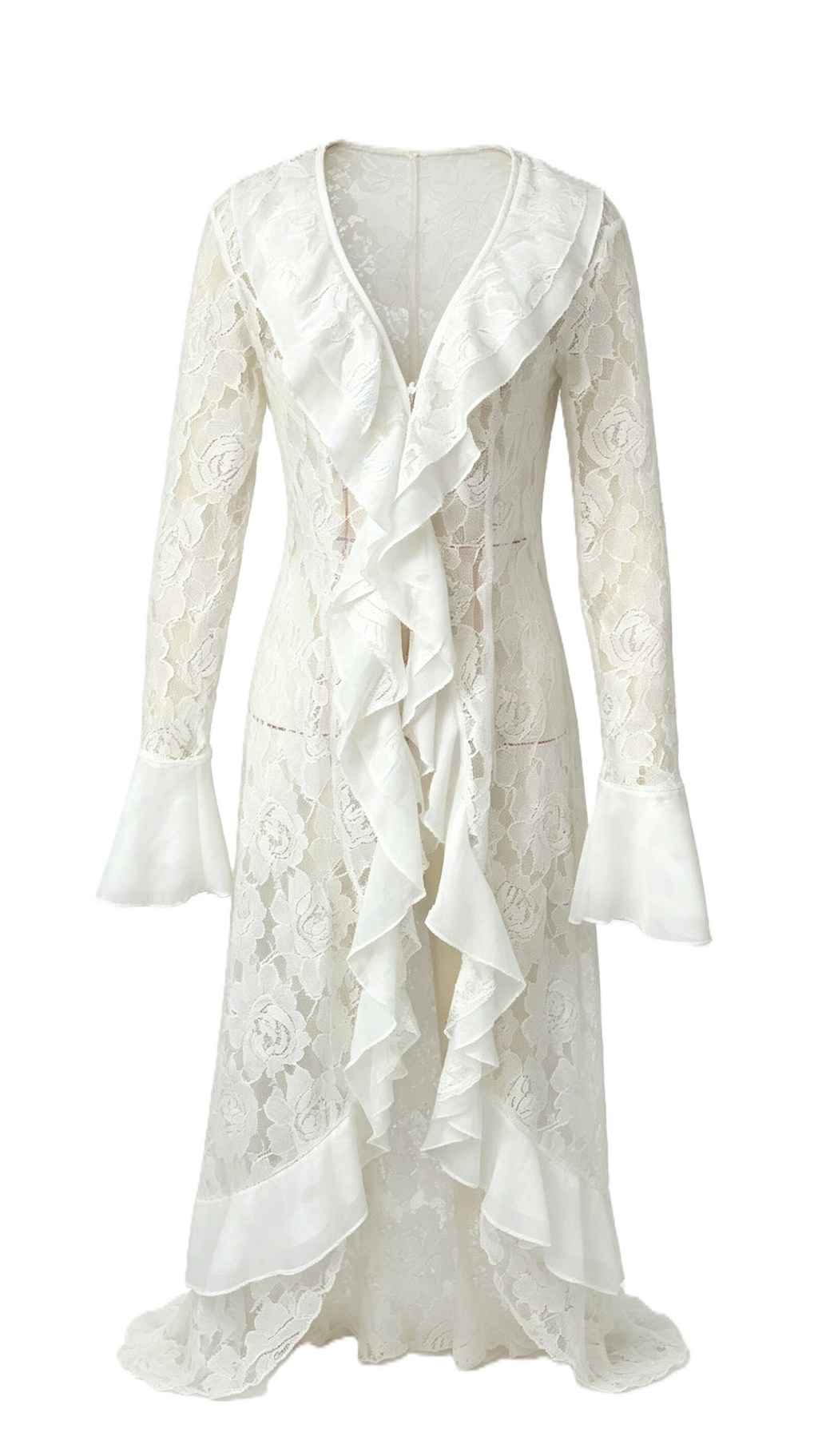 Longline Lace Ruffle Blouse With Bell Sleeves - White - 1
