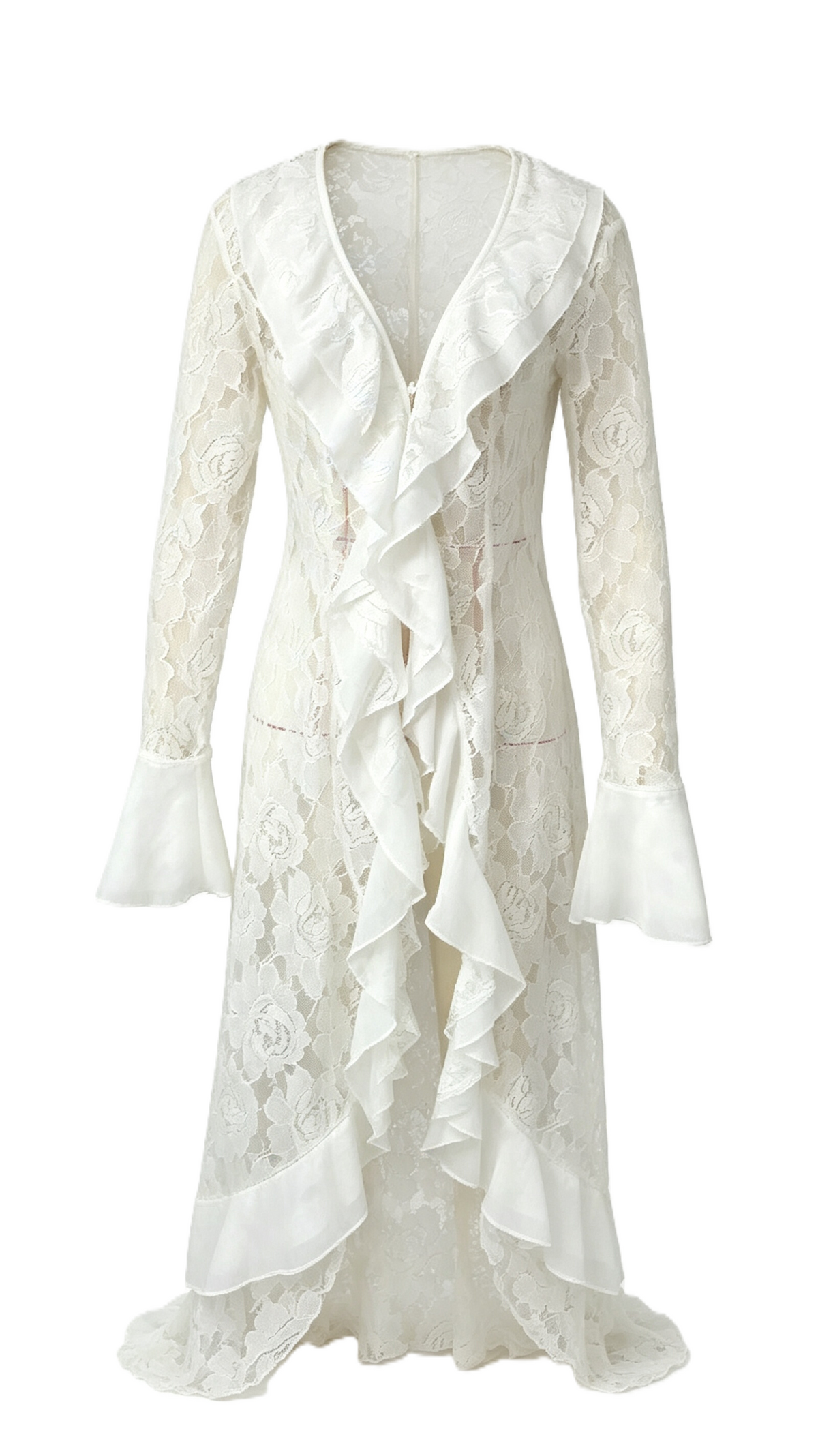 Longline Lace Ruffle Blouse With Bell Sleeves - White - 1