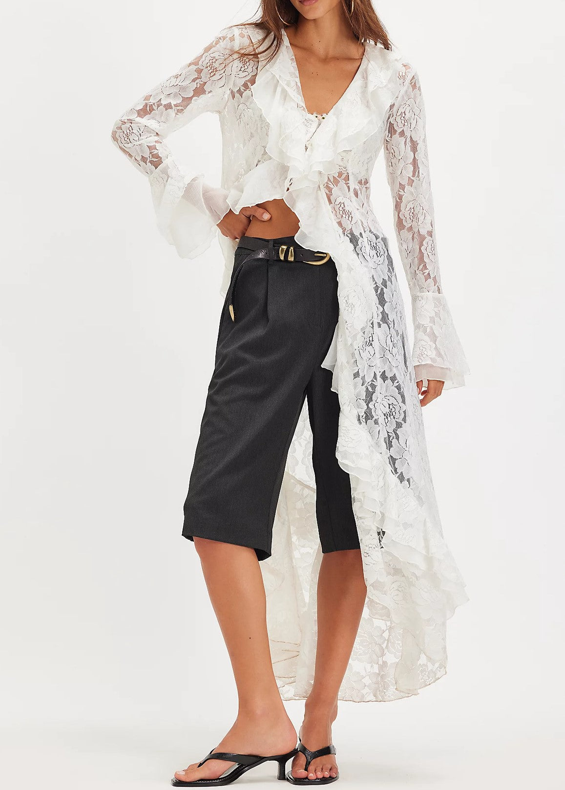 Longline Lace Ruffle Blouse With Bell Sleeves - White - 3