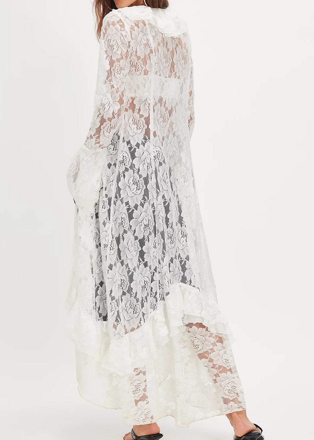 Longline Lace Ruffle Blouse With Bell Sleeves - White - 4