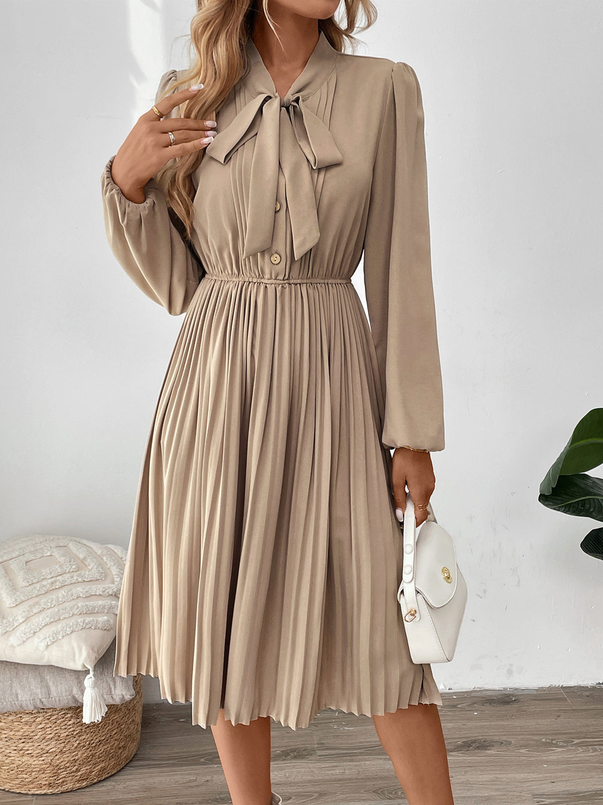 Bow Tie Neck Pleated Midi Dress - Apricot