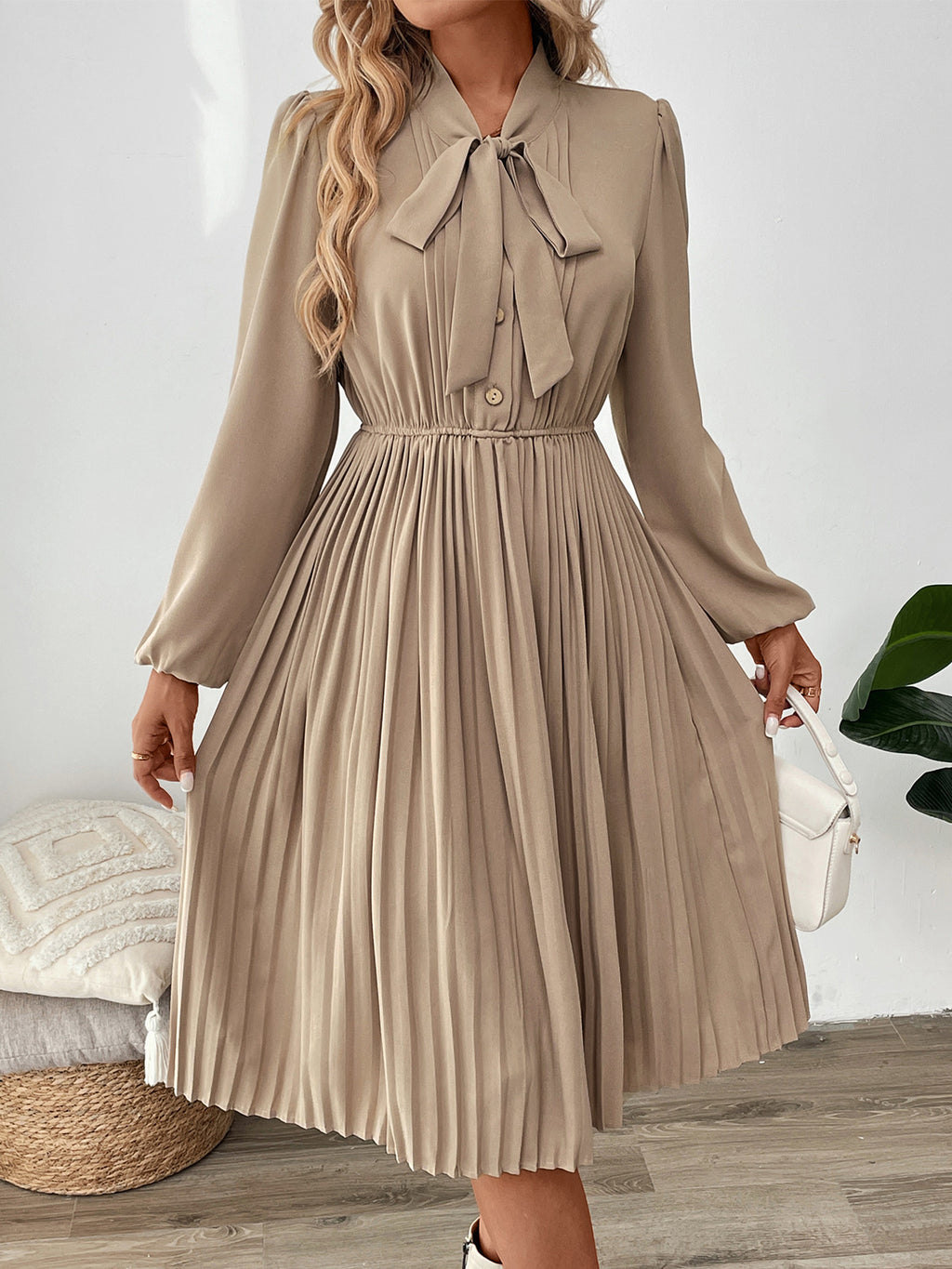 Bow Tie Neck Pleated Midi Dress - Apricot - 1