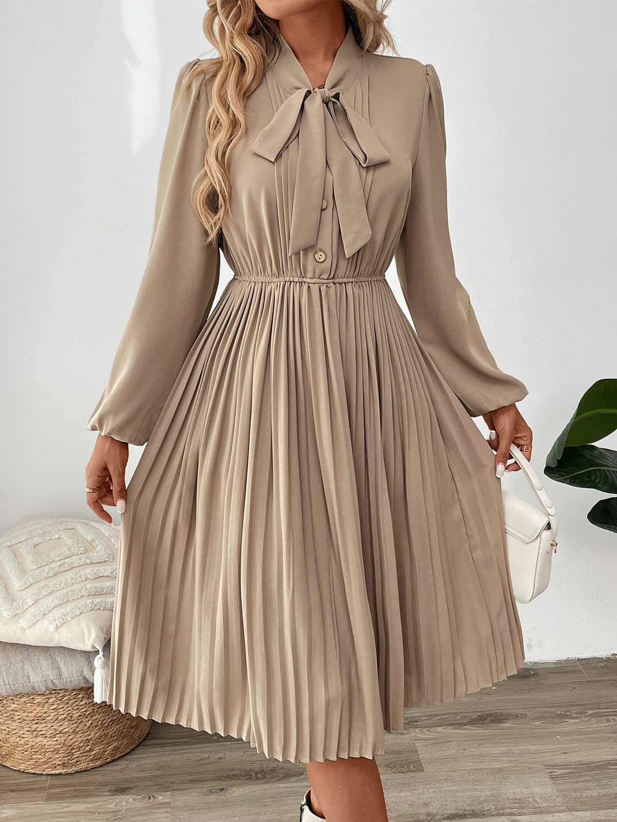 Bow Tie Neck Pleated Midi Dress - Apricot - 1