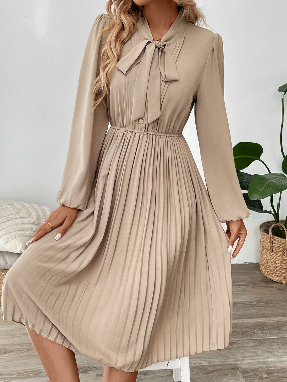 Bow Tie Neck Pleated Midi Dress - Apricot - 3