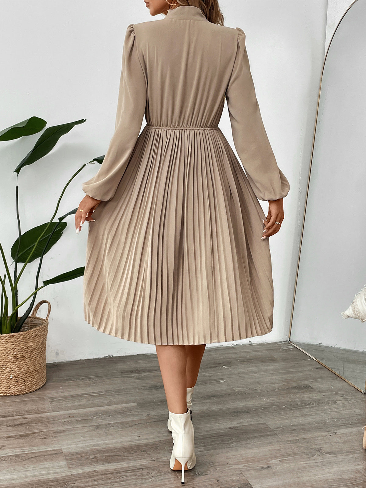 Bow Tie Neck Pleated Midi Dress - Apricot - 4