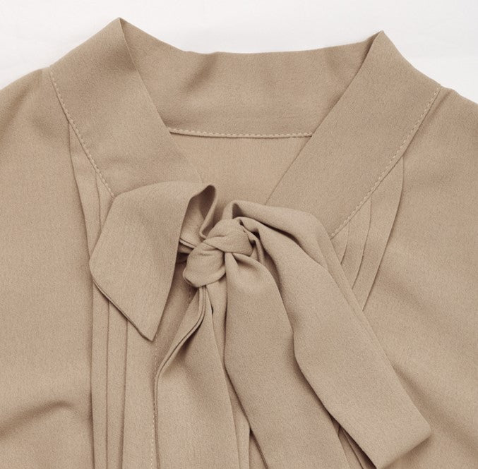 Bow Tie Neck Pleated Midi Dress - Apricot - 5