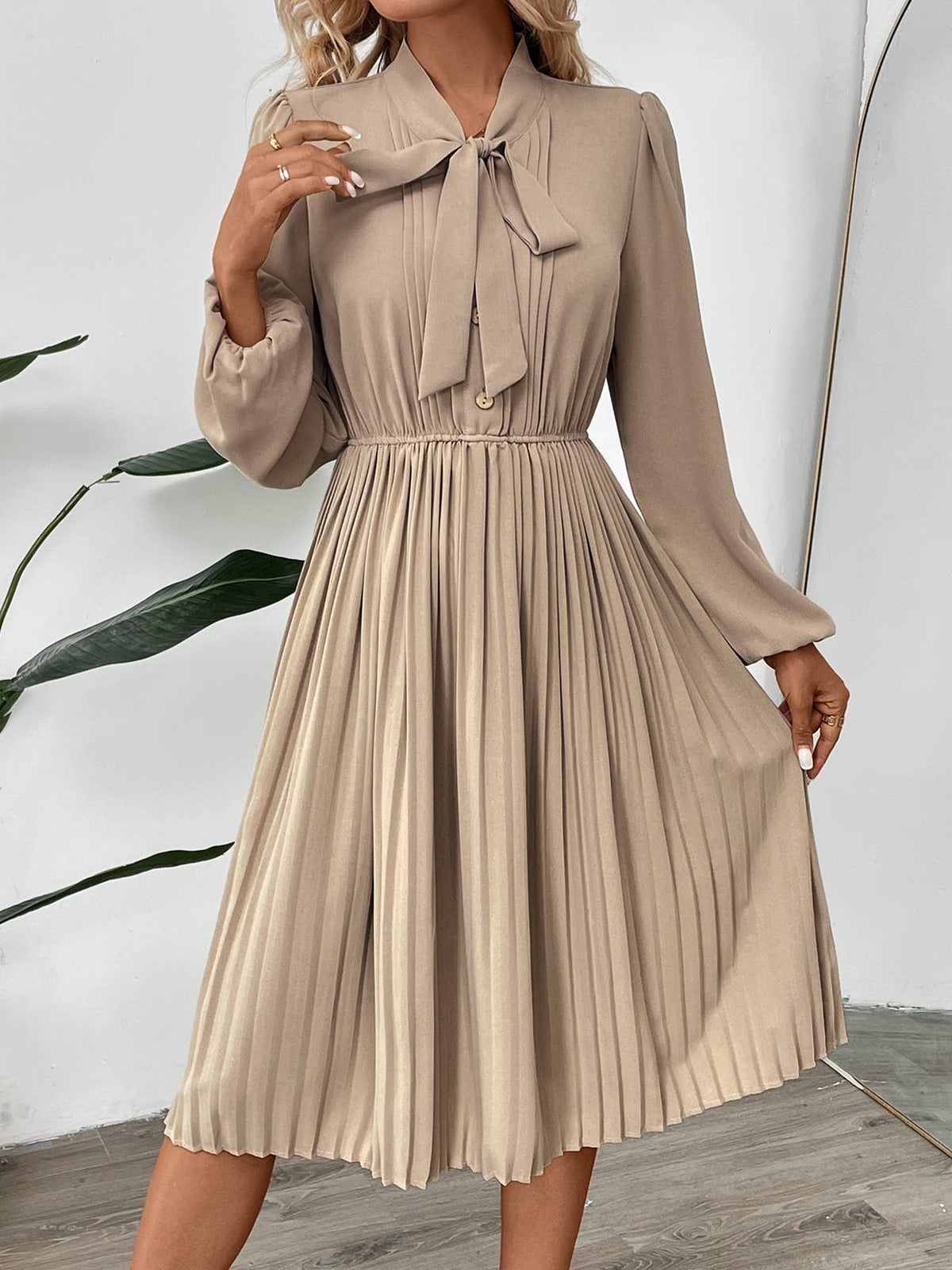 Bow Tie Neck Pleated Midi Dress