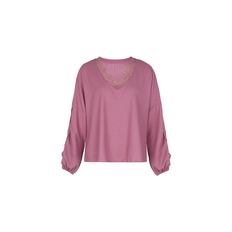 Crochet Trim Balloon Sleeve Blouse - Rosered - 1