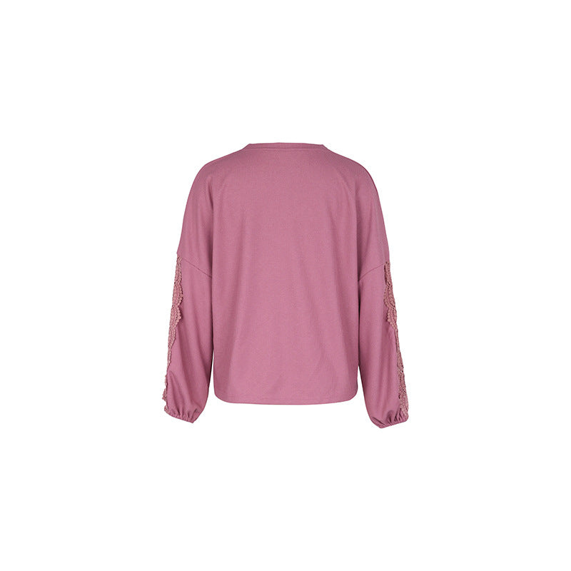 Crochet Trim Balloon Sleeve Blouse - Rosered - 3